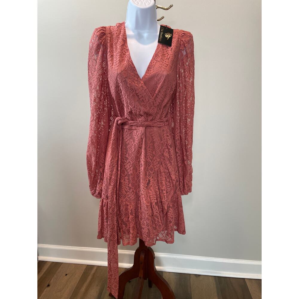 Flying Tomato A. Calin Lace Mauve Ruffle Puff Sleeve Dress Size L NWT